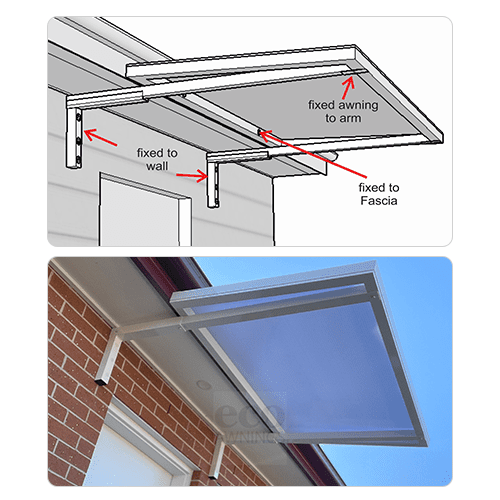 Under eave awning Sydney — Slimline 50 drawing and installed view showing wall-mounted arms fixed to the fascia